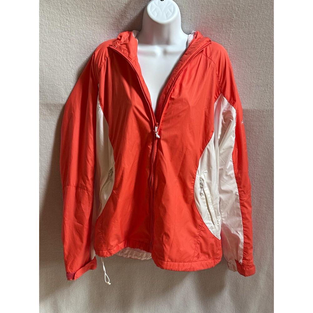 Columbia Women's XL Rain Jacket Coral Pink White Mesh Lined Hooded Windbreaker